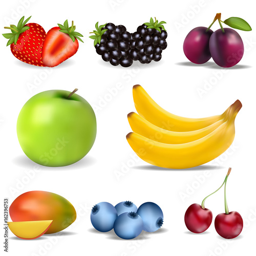 Fototapeta Naklejka Na Ścianę i Meble -  A set of useful fruits and berries. An Apple. Strawberry. Blackberry and Cherry.