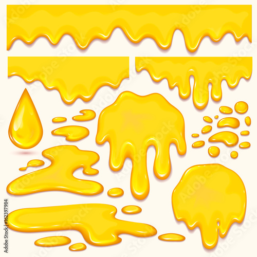 Slika na platnu Set of orange honey drops and yellow splashes healthy syrup golden food liquid drip vector illustration