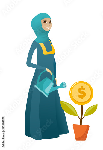Muslim business woman watering money flower.