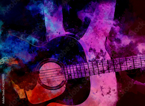 Fototapeta Naklejka Na Ścianę i Meble -  Playing guitar on watercolor background, Digital watercolor painting