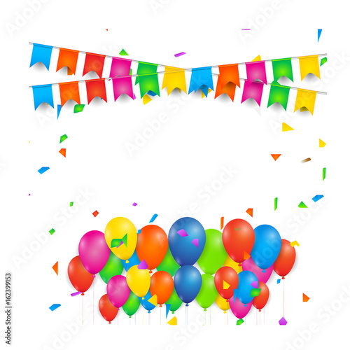 Colorful Birthday poster with balloons  Colored flags  and confetti on white  background  - vector background with copyspace