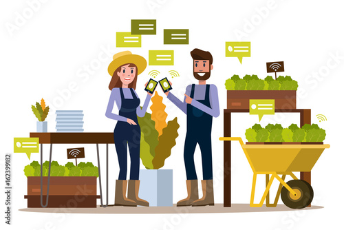 Modern farmer using smartphone  in greenhouse. Smart agriculture farming and internet of thing concept. flat design elements. vector illustration