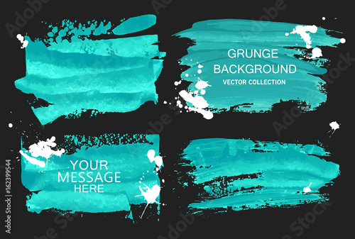 Vector blue watercolor brush stroke and white blots collections isolated on black background. Hand drawn elements for your design.