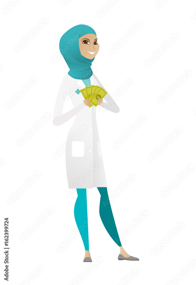 Happy muslim doctor holding money.