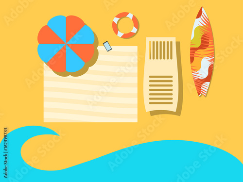 Beach, view from above. The sea coast with an umbrella, a coverlet, a chaise longue and a surfboard. Flat style. Place for the text. Vector illustration