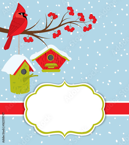 Vector Christmas and New Year Card Template with Cardinal, Birdhouses and Red Berries on Snow Background. Card template for Christmas and New Year. Vector Cardinal.