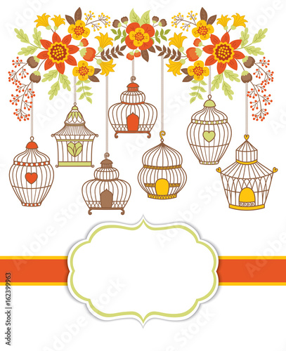 Vector Card Template with Bird Cages and Floral Branch. Birdcages and Floral Bouquets Vector Illustration. 