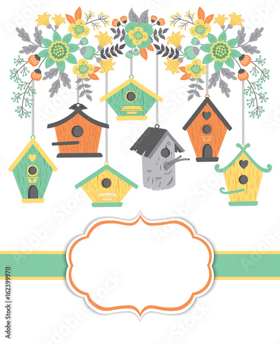 Vector Card Template with Birdhouses and Floral Branch. Birdhouses and Floral  Bouquets Vector Illustration. 