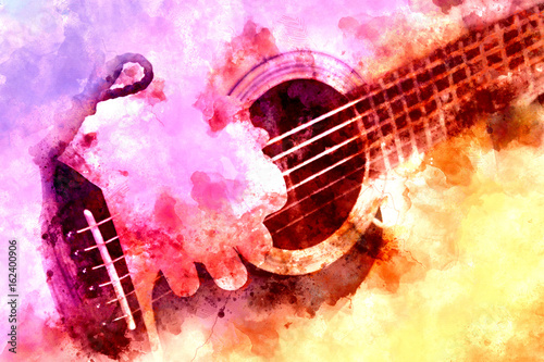 Fototapeta Naklejka Na Ścianę i Meble -  Playing guitar on Colorful watercolor background, Digital watercolor painting