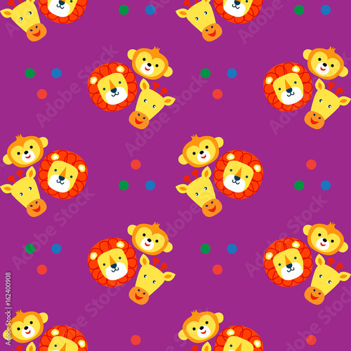 Funny faces of animals on a purple background. Wallpaper for children. Stylized applique, embroidery cute animals monkey, lion, giraffe. Vector seamless pattern