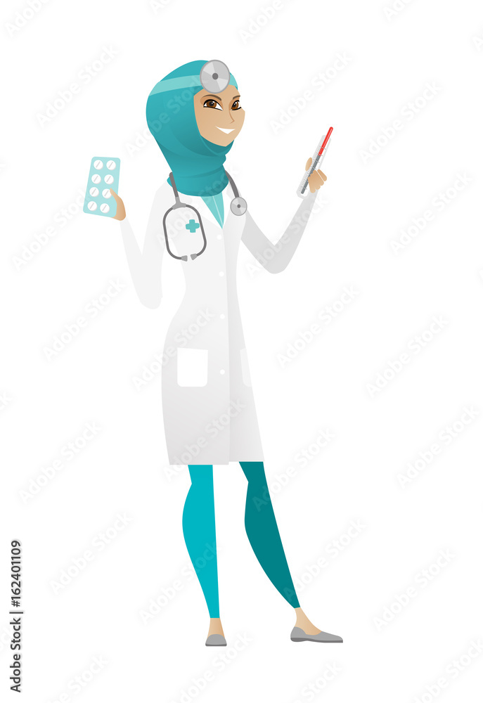 Doctor holding thermometer and plate of pills. Doctor holding thermometer and plate of pills.