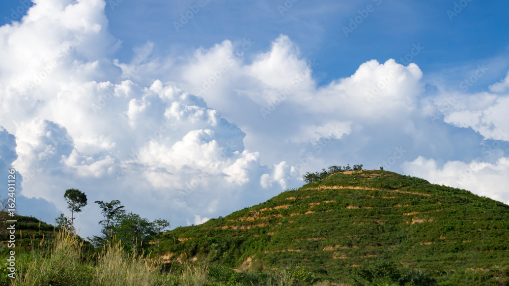 Landscape mountain overgrown dense green jungle tree with blue sky and white cloud. Nature green environment concept. Landscape mountain overgrown dense green jungle tree with blue sky and white cloud. Nature green environment concept.