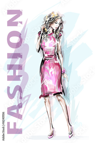 Fashion model. Hand drawn beautiful fashion woman. Stylish girl. Sketch. Vector illustration.