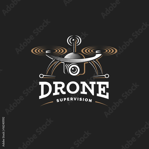 Drone quadrocopter logo design template, emblem on dark background