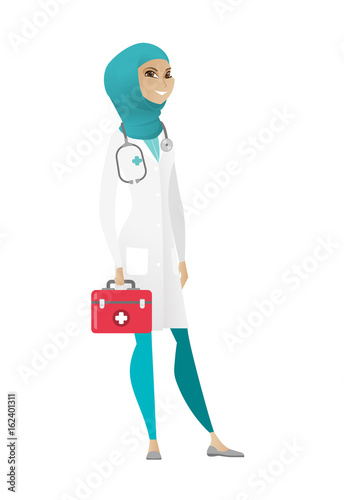 Doctor holding first aid box vector illustration.