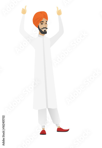 Businessman standing with raised arms up.