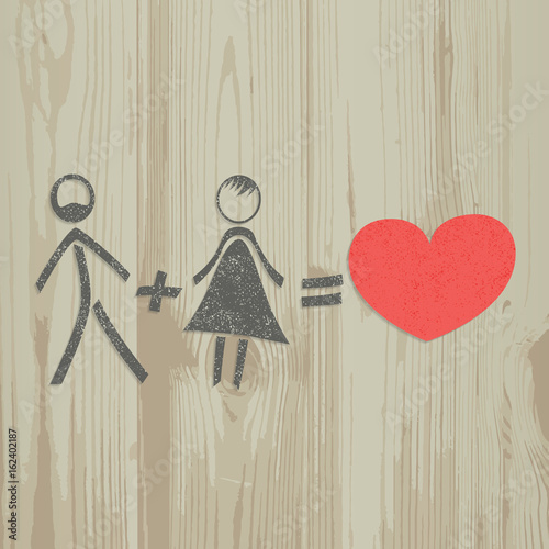 Man plus woman is equal to love. Figures of men, women and hearts on a wooden background