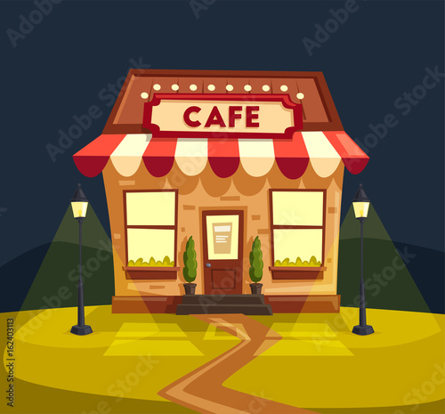 Restaurant or cafe. Exterior building. Vector cartoon illustration