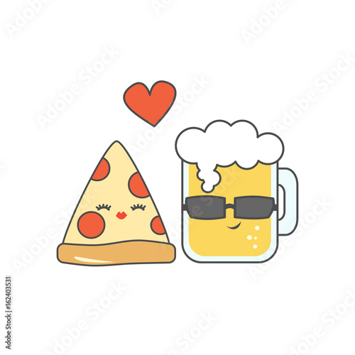 Fototapeta cute cartoon pizza and glass of beer in love funny vector illustration
