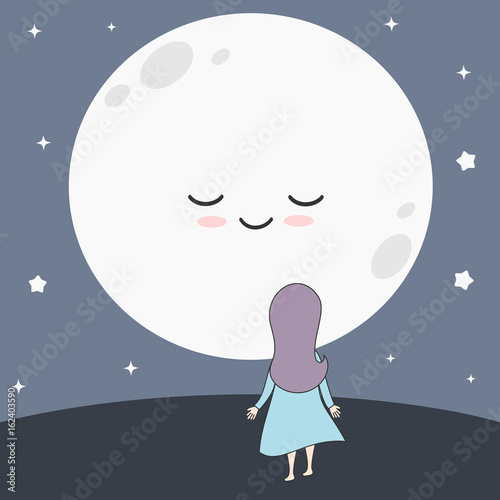 cute cartoon girl watching full moon vector illustration