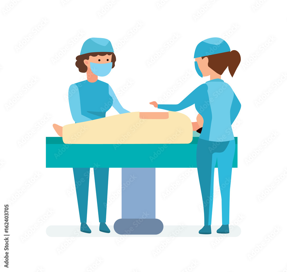 Workers on operation, take patient on table, help each other.