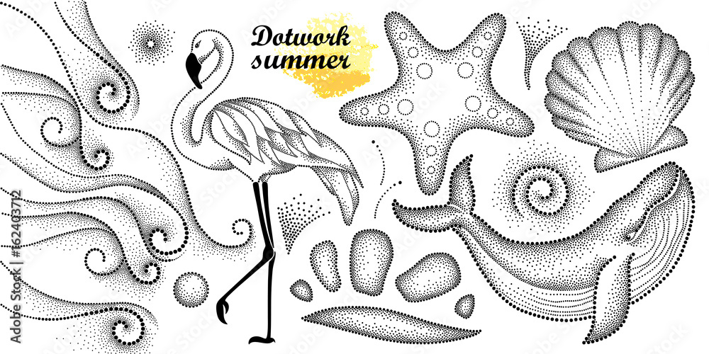 Fototapeta premium Vector summer set in dotwork style. Dotted whale, flamingo, waves, seashell, starfish, pebble, swirl in black isolated on white background. Aquatic theme with marine fauna for summer design or tattoo.