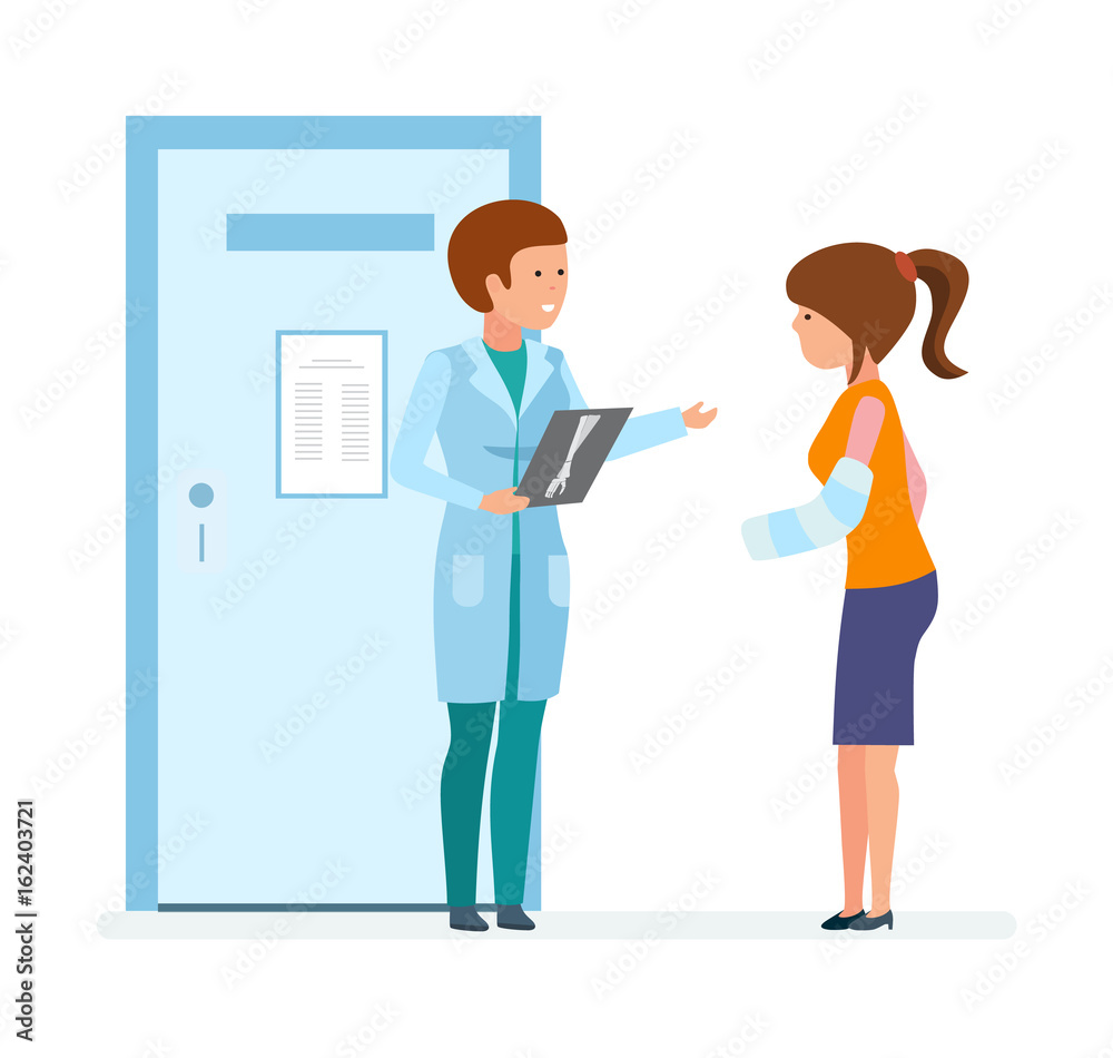 Radiologist shows pictures with fracture to patient came to visit. Radiologist shows pictures with fracture to patient came to visit.