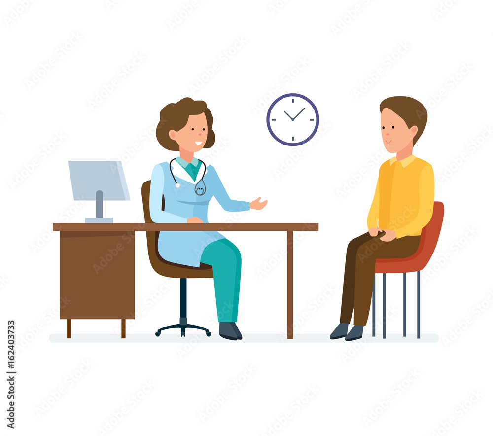 Doctor therapist takes patient, works with personal card, listens complaints. Doctor therapist takes patient, works with personal card, listens complaints.