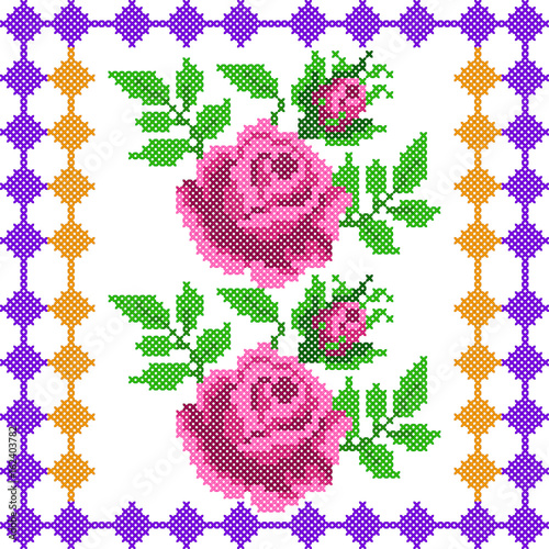 Cross Stitch Embroidery Rose Floral design for seamless pattern texture