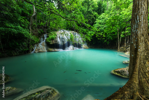 Beautiful and Breathtaking green waterfall, Erawan's waterfall, Located Kanchanaburi Province, Thailand © peangdao