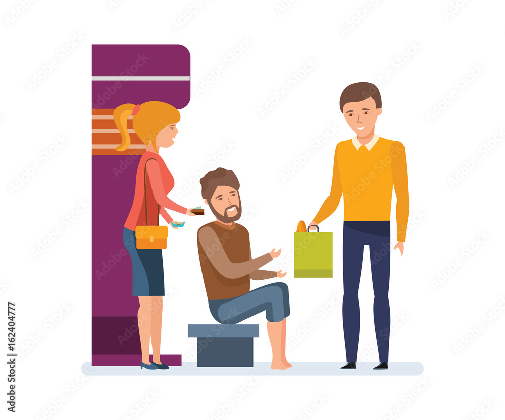 Obraz premium Volunteering, helping a homeless person with money and food.