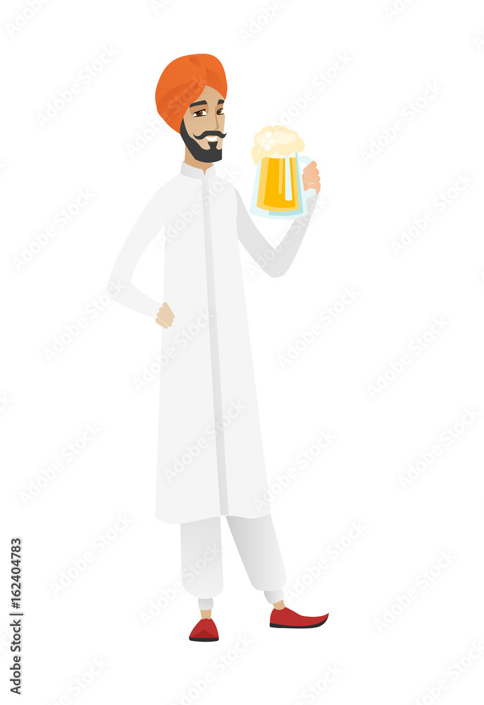 Cheerful hindu farmer drinking beer.
