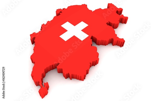 3D Karte von Schweiz mit Flagge vor weißem Hintergrund