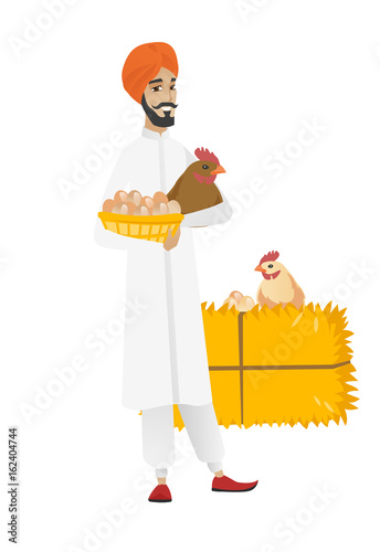 Farmer holding chicken and basket of eggs.