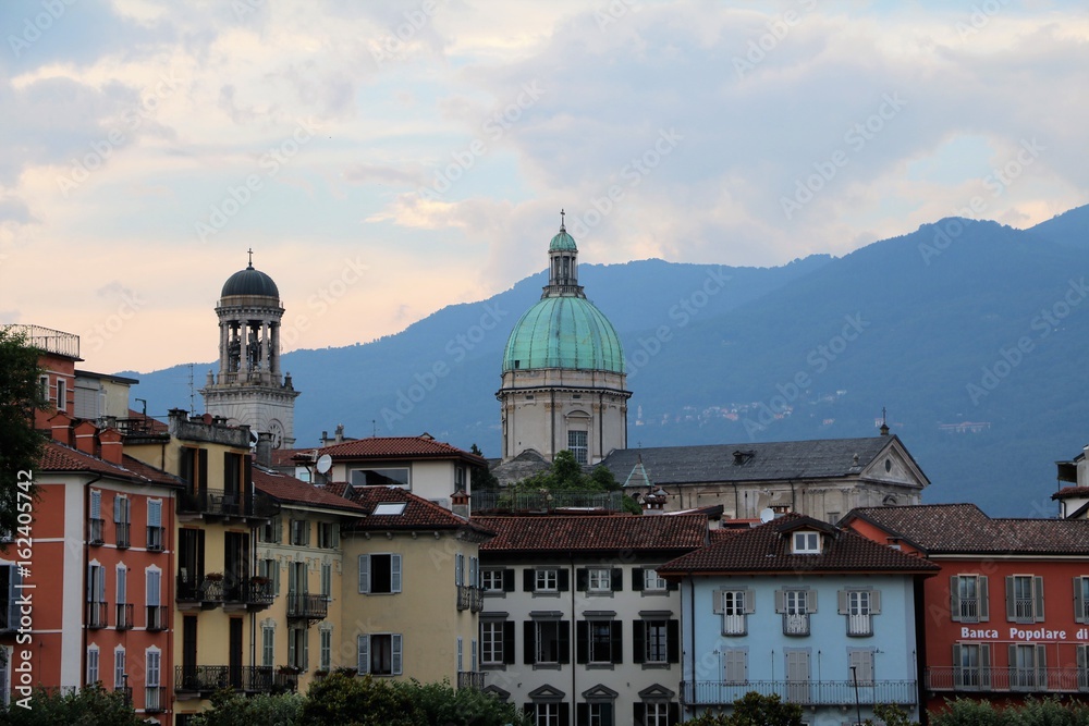 View to Intra Verbania and Basilica San Vittore at Lake Maggiore, Piedmont Italy 