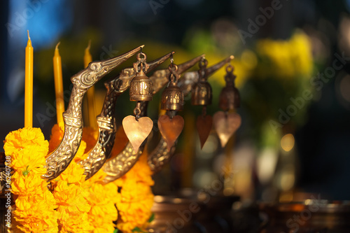 Fotografía Group of Vintage Candlestick holder In Buddhist Temple.