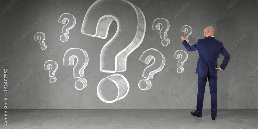 Businessman drawing question marks sketch on a wall 3D rendering Businessman drawing question marks sketch on a wall 3D rendering