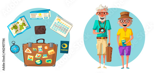 Old couple in travel. Journey of grandparents. Cartoon vector illustration