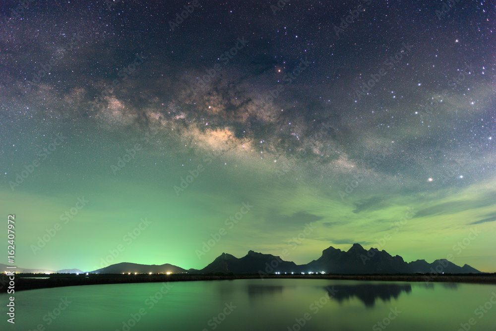 Beautiful Night Starry sky with Rising Milky Way over the mountain, Thailand