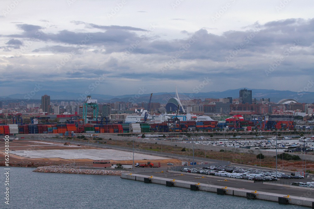 Port and city in November morning. Valencia, Spain