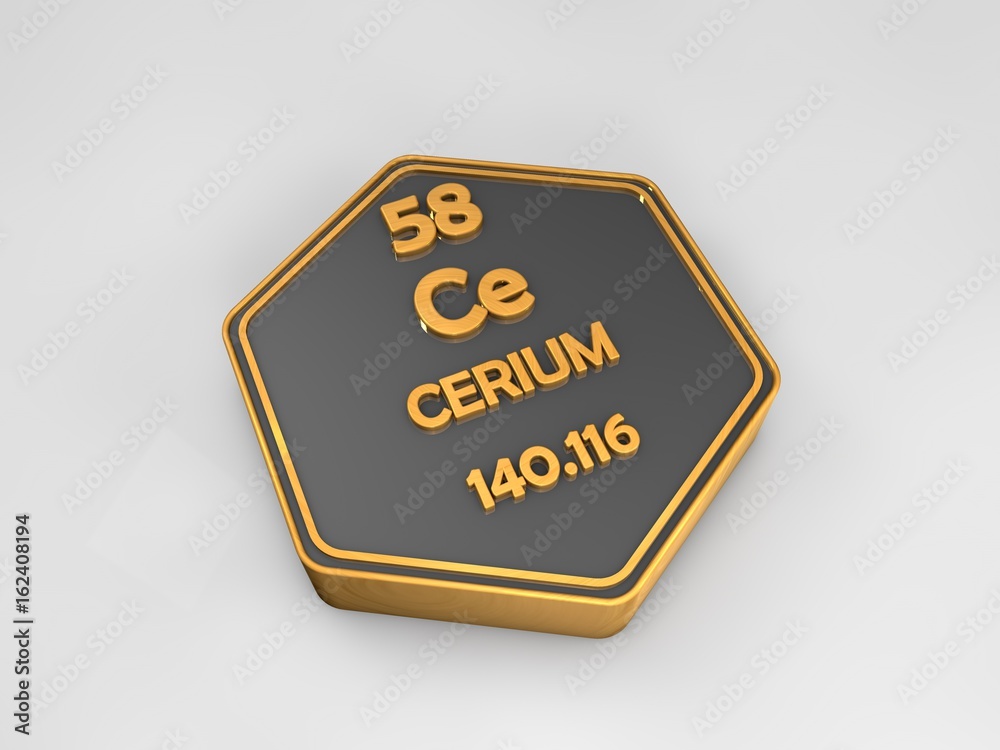 Cerium - Ce - chemical element periodic table hexagonal shape 3d render Cerium - Ce - chemical element periodic table hexagonal shape 3d render