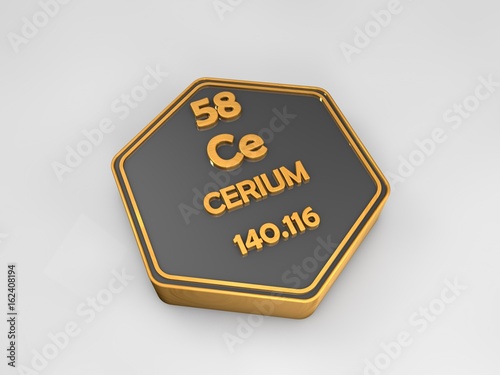 Cerium - Ce - chemical element periodic table hexagonal shape 3d render