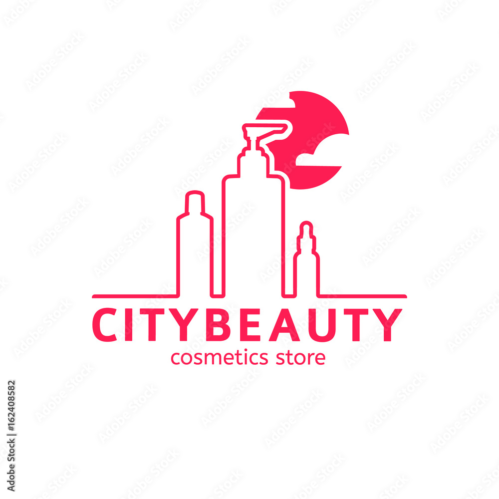 Logo for the cosmetics store. Silhouettes's skin care  cosmetics as a city. Vector.