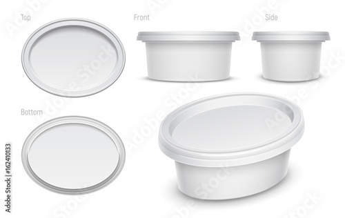 Vector white oval container for cosmetics cream, butter or margarine spread. Packaging template illustration.