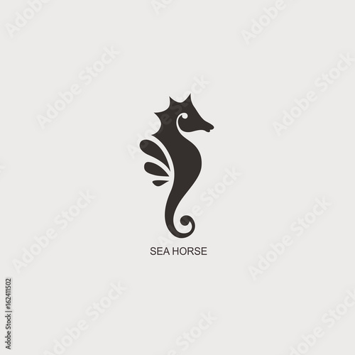 Stylized graphic Seahorse. Silhouette illustration of sea life. Sketch for tattoo on isolated white background. Vector flat logo icon photo