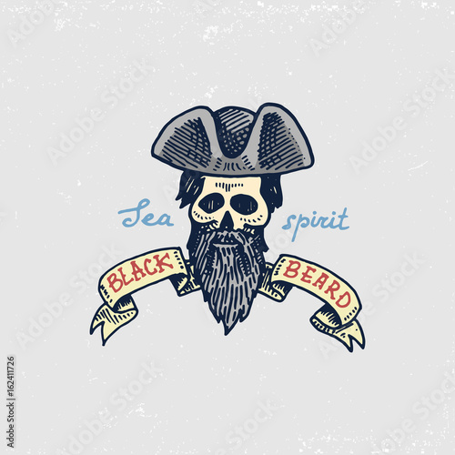 set of engraved, hand drawn, old, labels or badges for corsairs, skull, black beard. Pirates marine and nautical or sea, ocean emblem.