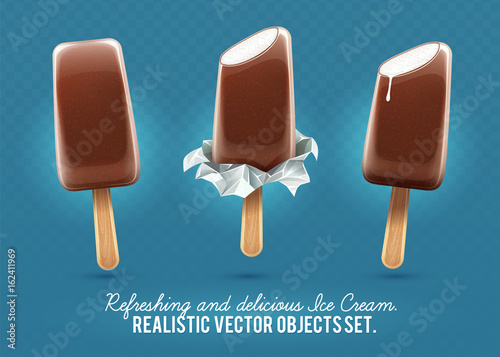 Ice-cream chocolate vanilla ice on wands set blue background.