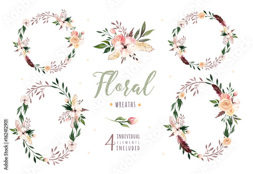 Fototapeta Naklejka Na Ścianę i Meble -  Hand drawing isolated boho watercolor floral illustration with leaves, branches, flowers. Bohemian greenery art in vintage style. Elements for wedding card.