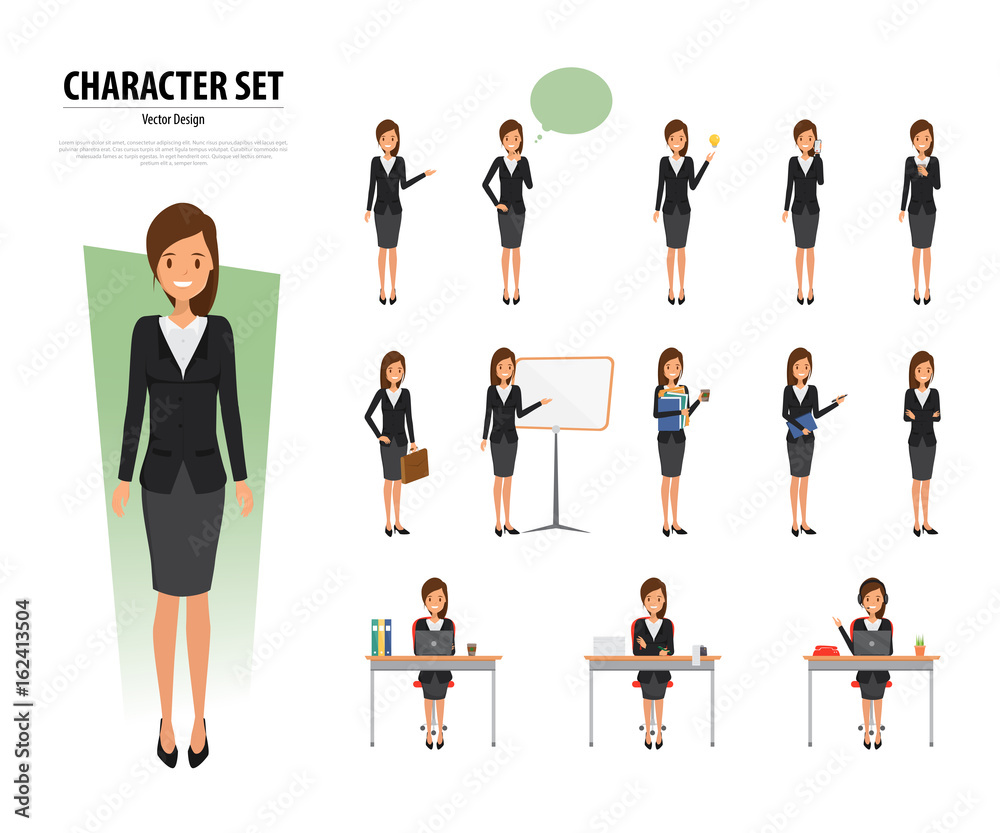 Set of Business Woman Character in office style. Business job function. Illustration vector of avatar people design.