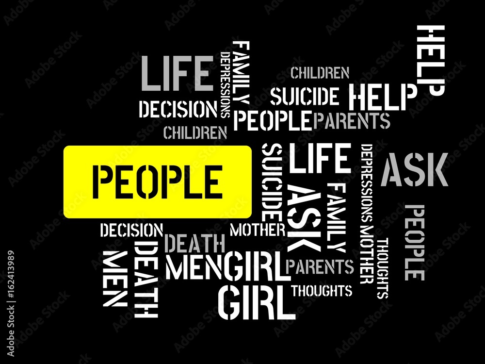 PEOPLE - image with words associated with the topic SUICIDE, word cloud, cube, letter, image, illustration PEOPLE - image with words associated with the topic SUICIDE, word cloud, cube, letter, image, illustration